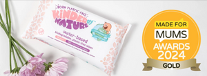 Single pack of Jackson Reece Kinder by Nature Water-Based baby wipes with pink flowers and image of Made for Mums Gold Award 2024