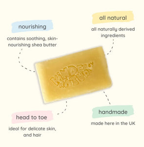 1 bar of Kinder by Nature Palm Oil-Free Shea Butter Baby Soap, with words skin-Nourishing shea butter, All-Natural, Head-to-toe for skin & hair, and Handmade in the UK